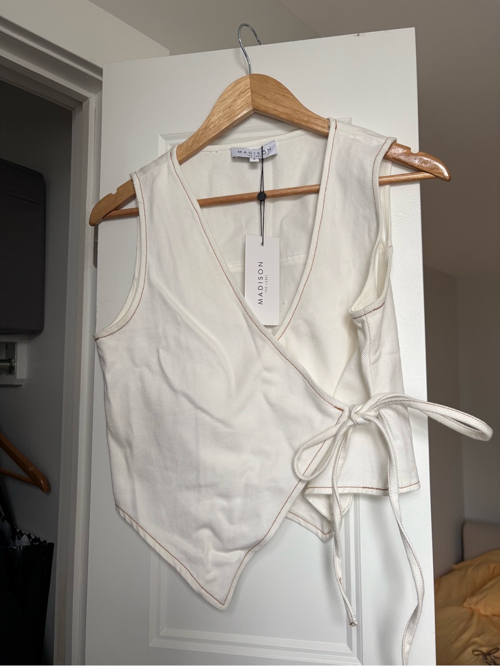 Madison the Label Cream Jean Wrap-Front Sleeveless Vest